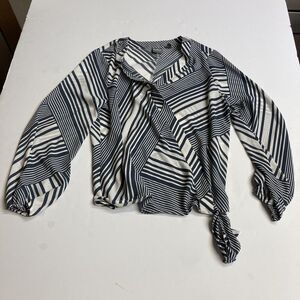SOHO Jeans Women's Navy White Striped V-Neck Wrap Tie Long Sleeve Blouse M